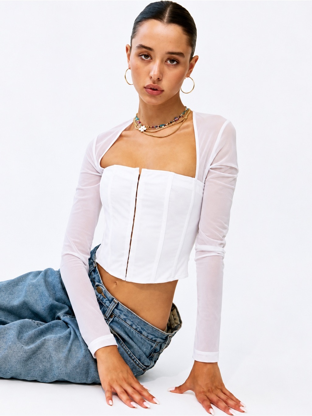 With Jéan White Corset Mesh Long Sleeve Top Size Large